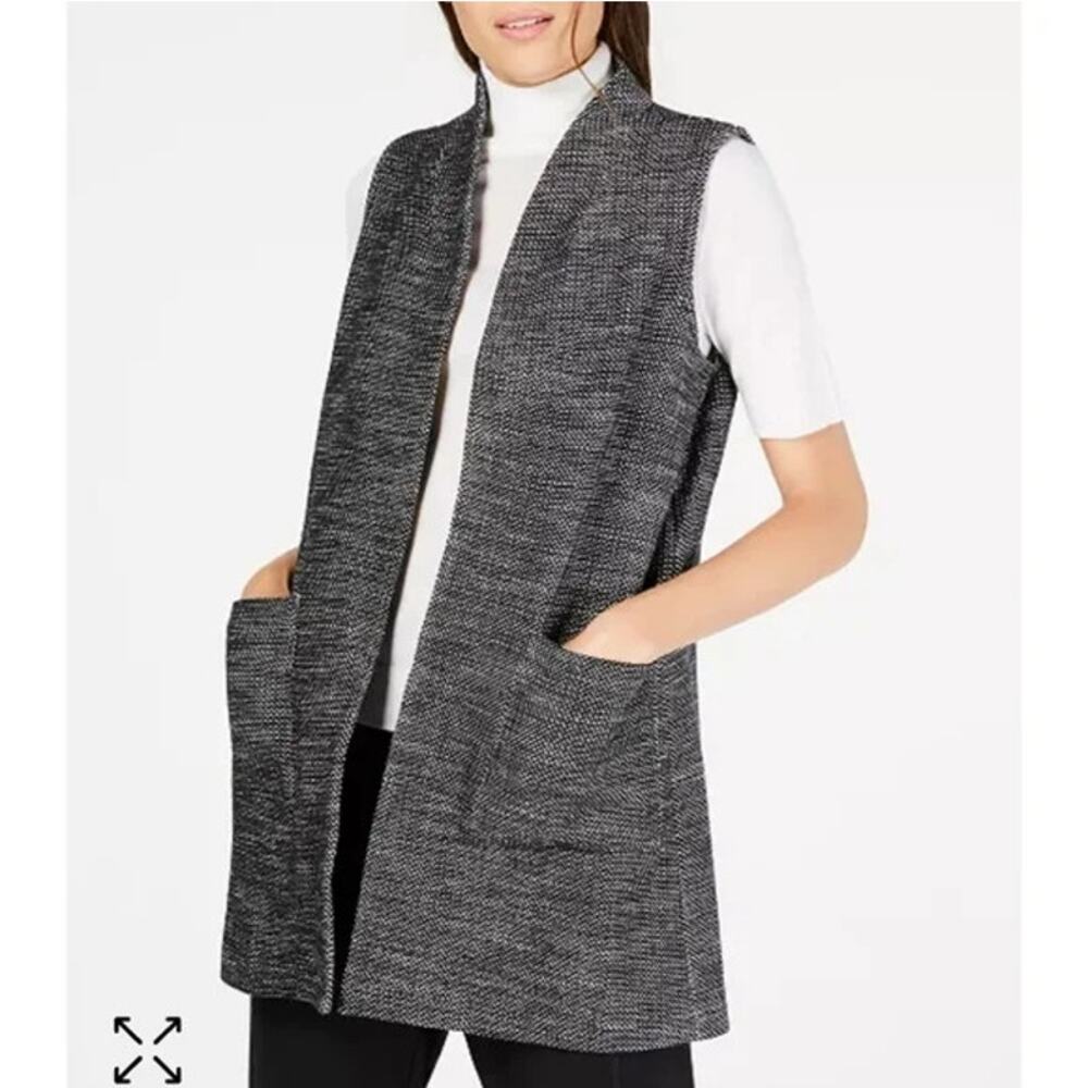 Eileen Fisher Long Cardigan Jacket, Vest Tweed 93% Organic Cotton Pockets Sz M